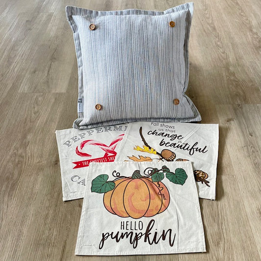 SQUARE BUNDLE SET: TICKING STRIPES PILLOW (comes with foam insert and these 3 panels in back pocket); Winter Fall Autumn: HELLO PUMPKIN, ACORN BRANCH, CANDY CANES