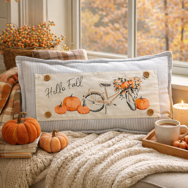 PANEL ONLY: RECTANGLE Hello Fall Floral Vintage, Boho, Autumn; FALL BIKE