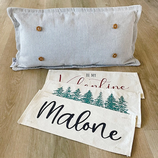 NEW! Custom WINTER Wedding Gift Bundle:  GRAY TICKING STRIPE pillow + custom last name, EVERGREENS / BE MY VALENTINE / CUSTOM PANEL