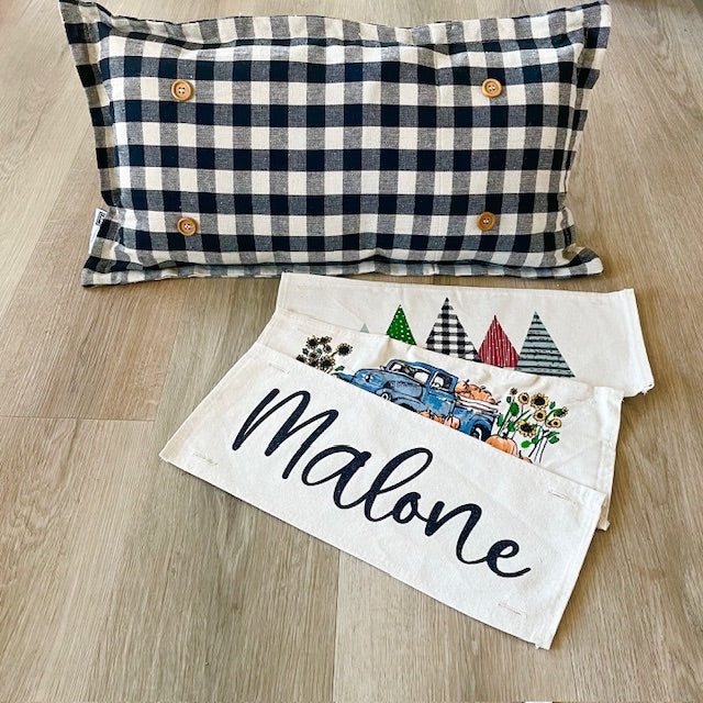 NEW! Custom FALL Wedding Gift Bundle:  2 seasons + GINGHAM/BUFFALO CHECK pillow + custom last name panel: PUMPKIN TRUCK / UGLY SWEATER TREES /CUSTOM LAST NAME PANEL