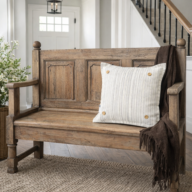 PILLOW ONLY: SQUARE Ticking Stripes Pillow;  CREAM/BLACK/TAN TICKING STRIPES PILLOW (with insert)