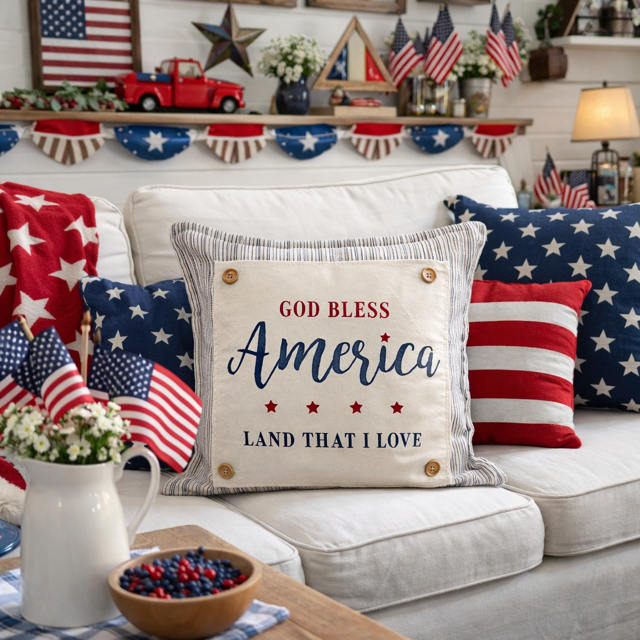 PANEL ONLY: SQUARE Summer Fall Spring Patriotic Military Veteran God Bless USA July 4th Sept 11 Remembrance Independence American Farmhouse AMERICA LAND THAT I LOVE