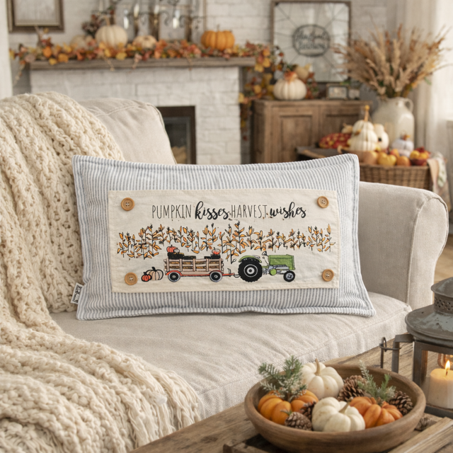 PANEL ONLY: RECTANGLE Autumn Fall Leaf Leaves White Pumpkin Patch Farm Hay Wagon CORN FIELD TRACTOR