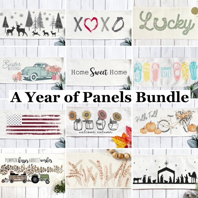 Bundle Deal: RECTANGLE Year of Panels Bundle (12 pack) SAVE!!!: DEER, XOXO, LUCKY, EASTER TRUCK, HOME SWEET HOME, FLIP FLOPS, OLD GLORY, SUNFLOWERS, FALL BIKE, TRACTOR, WHEAT, NATIVITY