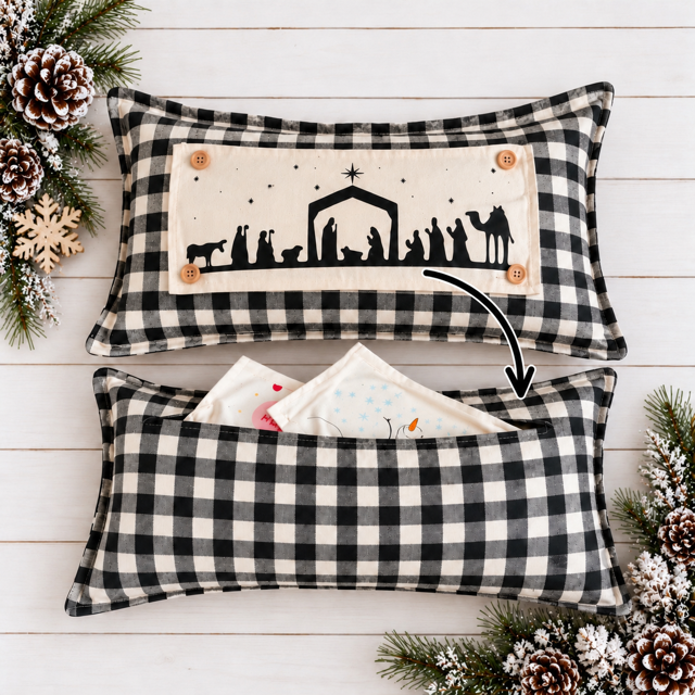NEW! RECTANGLE WINTER BUNDLE:  3 seasons + BUFFALO CHECK REC. pillow: NATIVITY, 3 SNOWMEN, CONVERSATION HEARTS