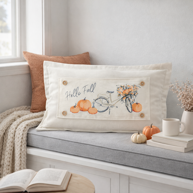 PANEL ONLY: RECTANGLE Hello Fall Floral Vintage, Boho, Autumn; FALL BIKE