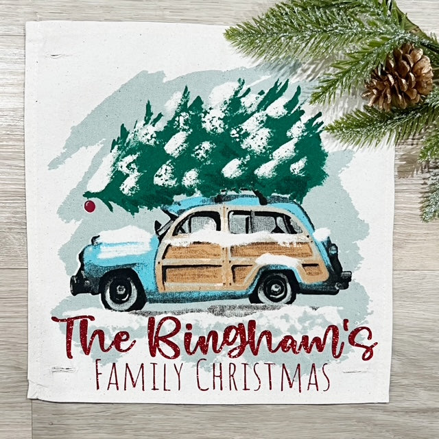 GIFT GUIDE:  FOR THE TRADITIONAL CHRISTMAS MOVIE LOVERS!   SQUARE Custom/ Personalized Holiday Panel: Christmas Griswald Family Tradition Tree Cutting Snow Scene Winter Wonderland Vintage CUSTOM CHRISTMAS STATION WAGON