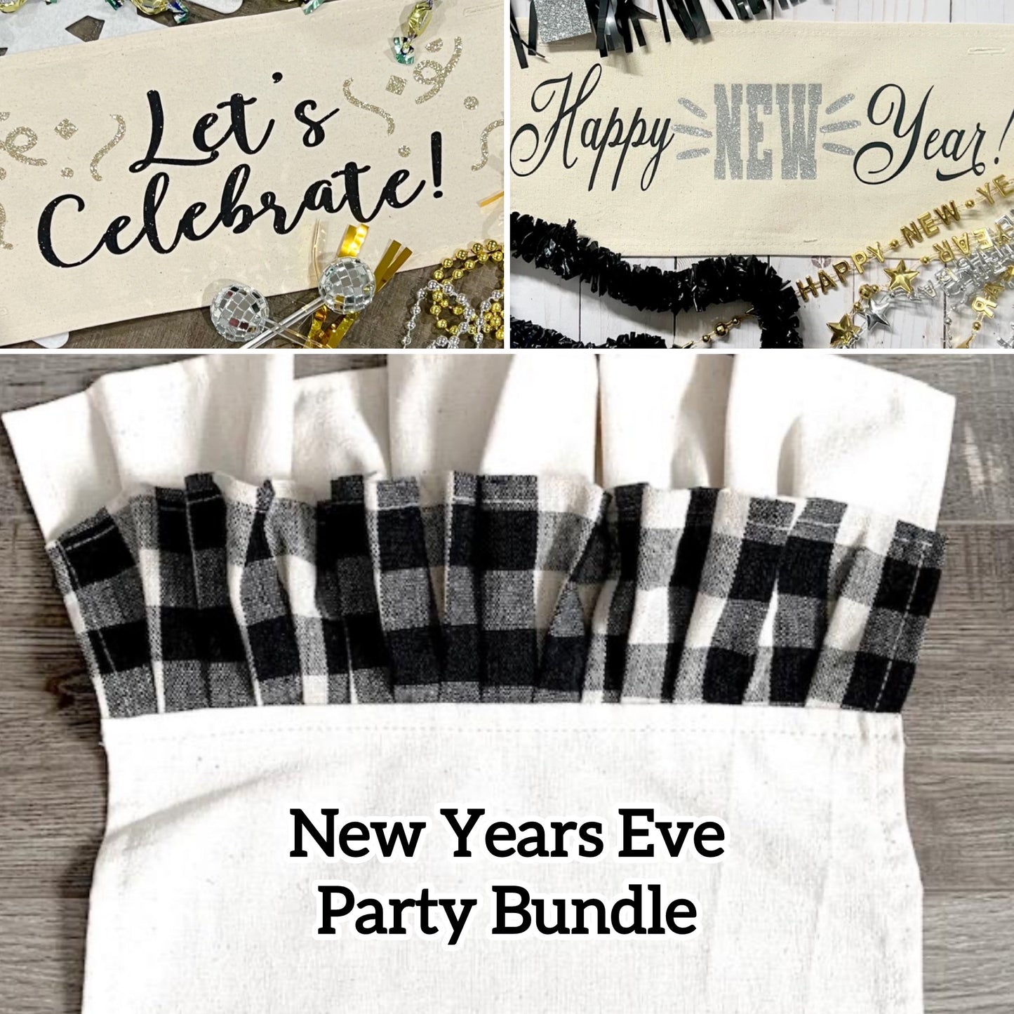 GIFT GUIDE:  FOR THOSE THAT COORDINATE THE PARTY!    GIFT PARTY PACKAGE BUNDLE: Holiday Pillow Cover Panel Winter: Runner Glitter Panel Combo LET'S CELEBRATE, HAPPY NEW YEAR + BUFFALO CHECK RUNNER