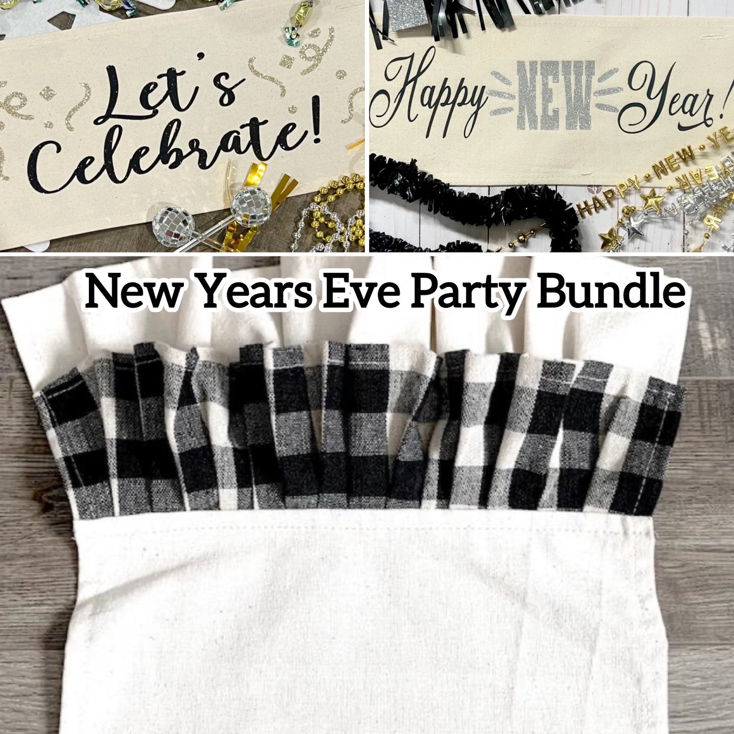 GIFT GUIDE:  FOR THOSE THAT COORDINATE THE PARTY!    GIFT PARTY PACKAGE BUNDLE: Holiday Pillow Cover Panel Winter: Runner Glitter Panel Combo LET'S CELEBRATE, HAPPY NEW YEAR + BUFFALO CHECK RUNNER