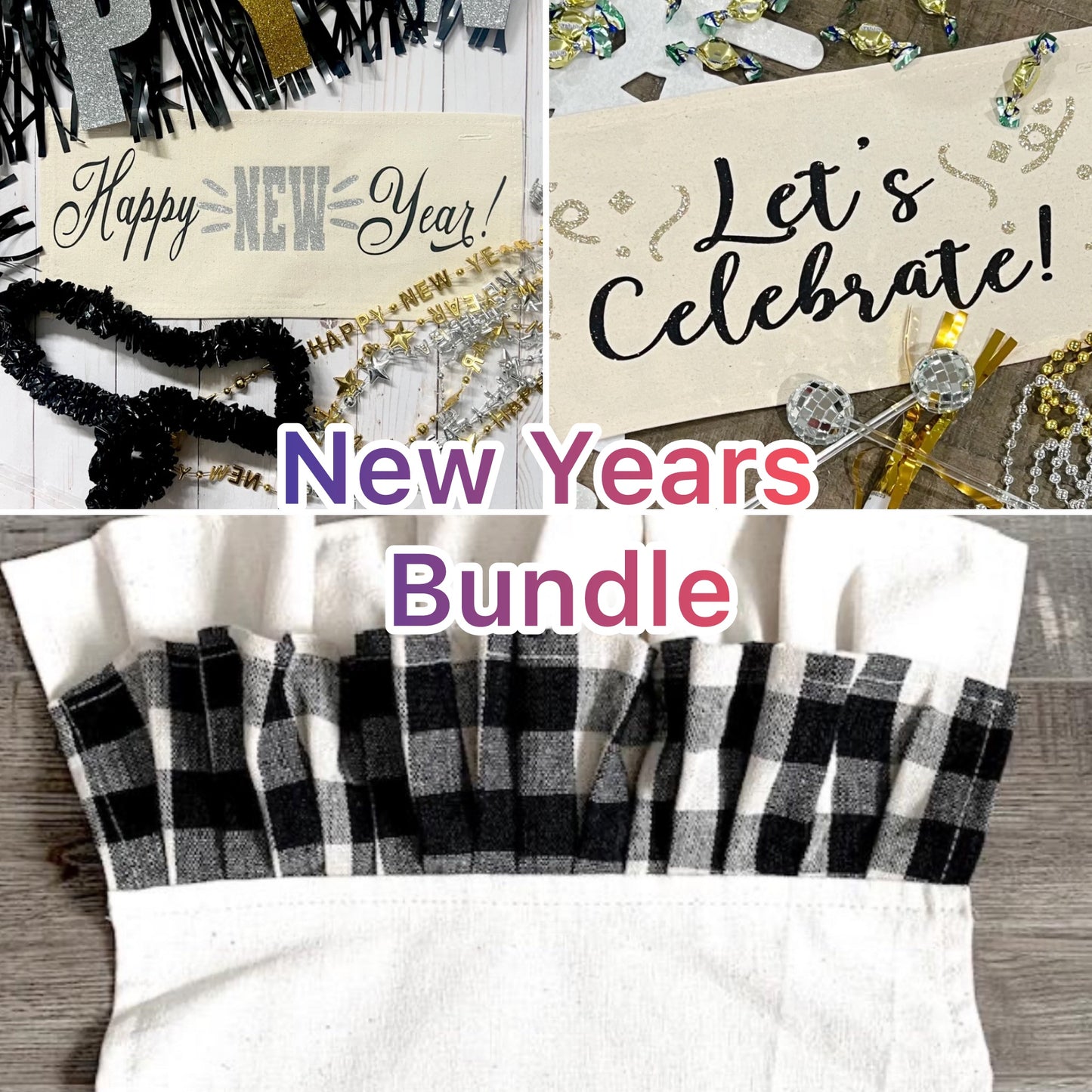 GIFT GUIDE:  FOR THOSE THAT COORDINATE THE PARTY!    GIFT PARTY PACKAGE BUNDLE: Holiday Pillow Cover Panel Winter: Runner Glitter Panel Combo LET'S CELEBRATE, HAPPY NEW YEAR + BUFFALO CHECK RUNNER