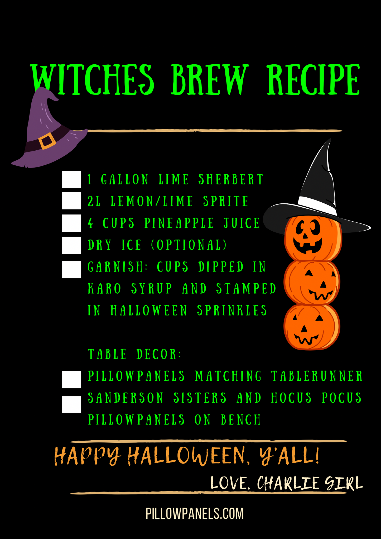 FREE Tip eCard Printable:  Witches Brew Hocus Pocus Punch Halloween Party Recipe Printable