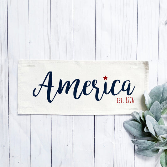Holiday Panel: Summer, Star, Red, White and Blue, Cursive, Est. Vintage, Farmhouse; AMERICA 1776