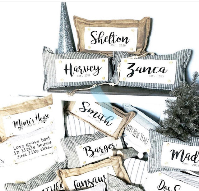 Custom Wedding Gift Bundle:  3 seasons + CHARCOAL/GALVINZED STRIPES pillow + custom last name panel [Make sure to leave the name/year in the text box below]: