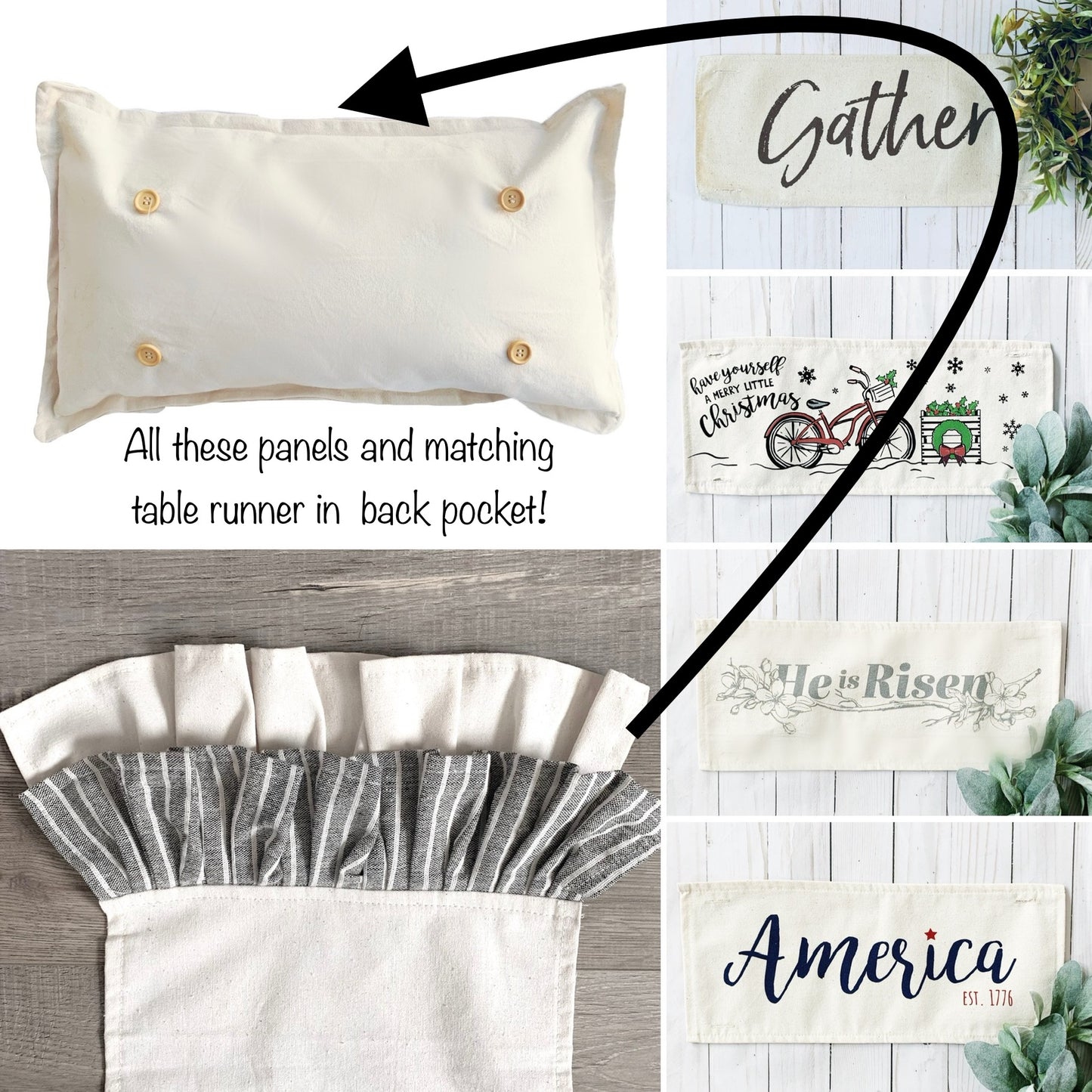 SAVE!! SEASONAL BUNDLE w/Table Runner SET: Natural Cream Pillow (comes with foam insert and these 4 panels in back pocket); Winter Spring Summer Fall Autumn w/ Table Runner